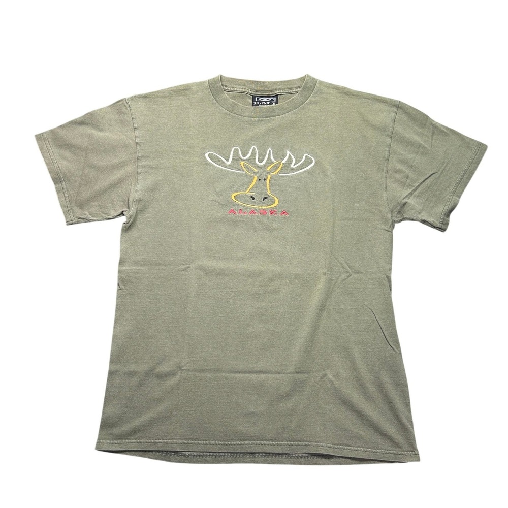 Vintage Alaska Moose Graphic T Shirt KMI Sportswear Large Green USA Outdoor 90s